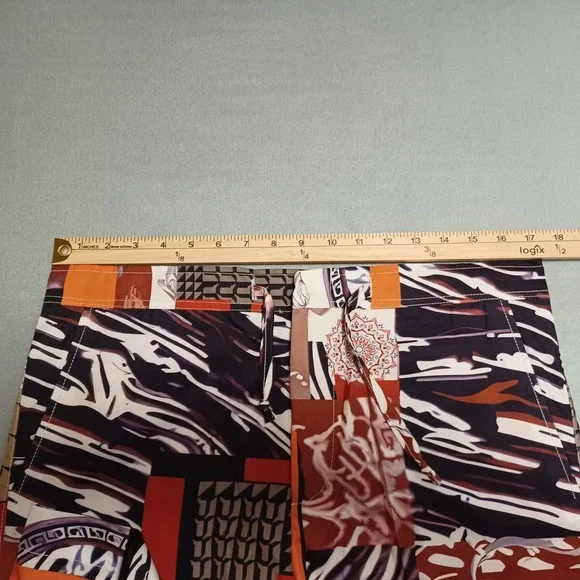 Mens Geometric Abstract Print 2 Piece Set Orange Black White Tunic and Shorts - Picture 8 of 13